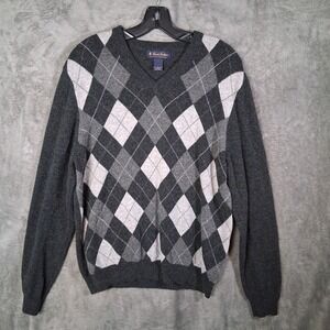Brooks Brothers Golden Fleece V Neck Sweater Mens Large Gray Lambswool Geometric